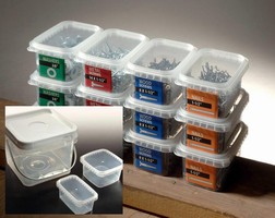 Plastic Containers hold nails, screws, washers, and fasteners. Plastic Containers hold nails, screws, washers, and fasteners.
