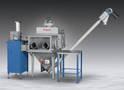 Bag Dumping System integrates glove box, compactor, conveyor.