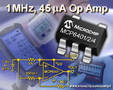 Op Amps feature quiescent current of 45 µA at 1 MHz.