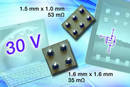 Compact P-Channel 30 V Chipscale MOSFETs offer low on-resistance.