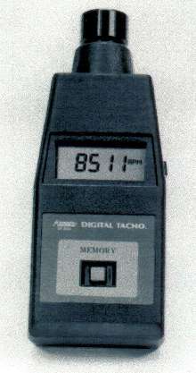 LCD Laser Beam Tachometer measures rpm up to 100,000.