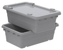 Cross-Stacking Plastic Tub helps conserve storage space.