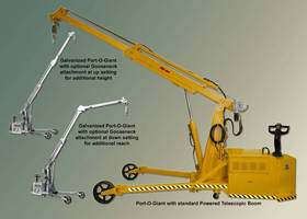 Portable Crane supports adjustable goose-neck boom attachment.