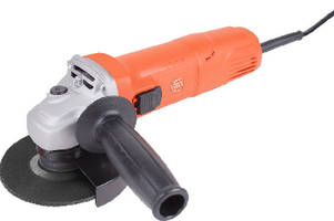 Compact Angle Grinder features ergonomic grip.