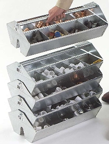 Stackable Totes help organize tools and small parts.