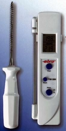 Thermometer measures temperature locally or from distance.