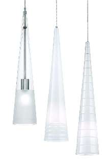 Cone Pendants feature opal and frosted blown-glass.