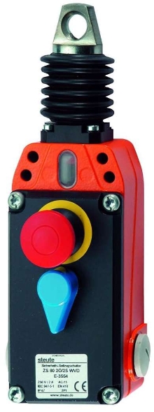 Emergency Cable-Pull Switch has integral E-stop pushbutton.