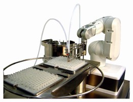 Filling and Stoppering Machine doses nested syringes.