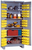 All-Welded Storage Cabinets have removable plastic bins.