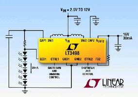 Boost Converter drives up to 6 white LEDs and OLED display.