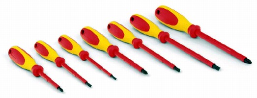 Screwdrivers have insulated shaft housings for safety.