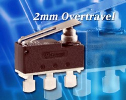 Subminiature Snap-Action Switch features 2 mm overtravel.