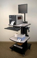 Workstation holds and powers variety of equipment.