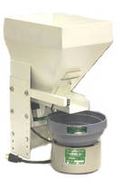 Hopper delivers small parts to vibratory feeder bowls.