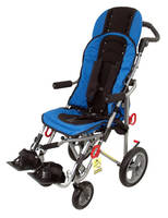 Wheelchair integrates 5-point harness for increased safety.