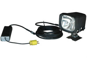 Rugged HID Spotlight operates from 120 Vac or 12 Vdc sources.
