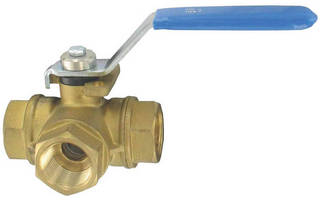 Three-Way Brass Ball Valve features hand lever actuation.