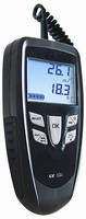 Handheld Vane Thermo-Anemometer measures temperature, velocity.