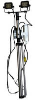 Tripod-Mounted LED Light Tower has height-adjustable design.