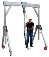 Portable Aluminum Gantry Lift has lockable legs and casters.